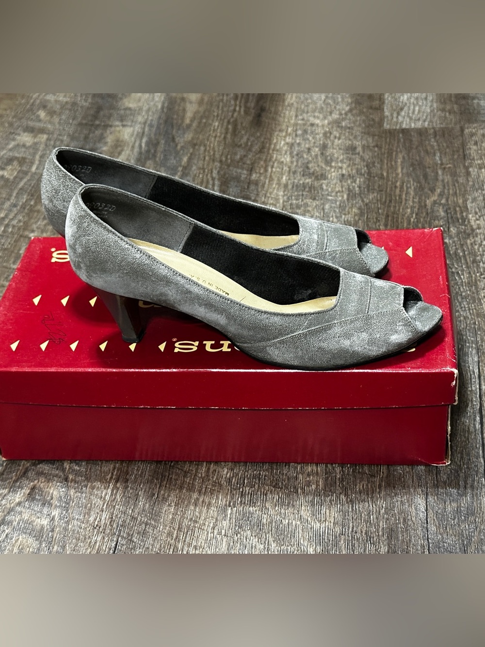 Auditions Gray Suede Peep-Toe Heels